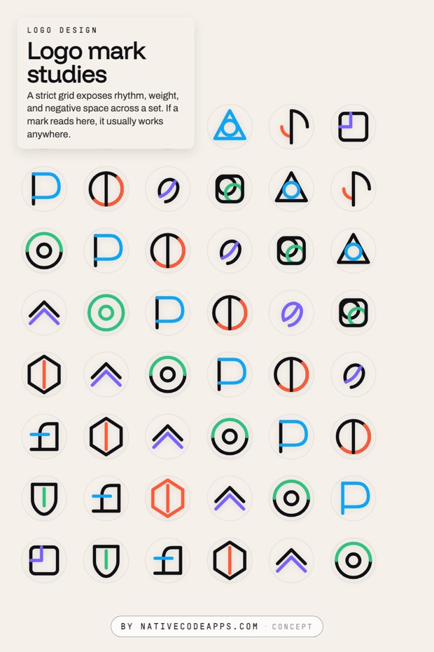 A poster with a 6 by 6 grid of simple geometric logo marks on round white tiles. Black strokes with green, blue, orange, and purple accents sit under the heading Logo mark studies.