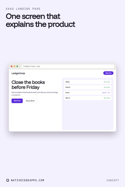 Concept mockup of a SaaS landing page for Ledgerloop with a large headline, Start free and See a demo buttons, and a right panel listing Stripe, Payroll, Amex, and Wire in with status labels.