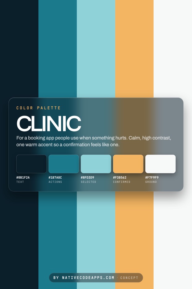 A clinic color palette concept shows five swatches on a rounded card with roles and hex codes. Colors are dark navy, teal, light aqua, warm mustard, and near-white, set over tall vertical bands.
