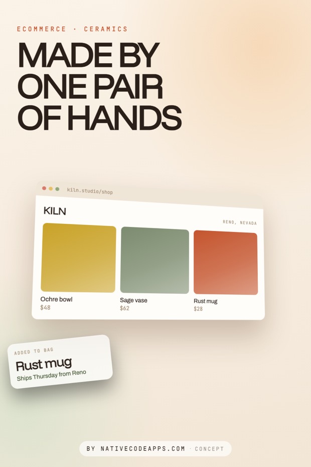 Concept ecommerce layout for ceramics showing three large color blocks labeled with product names and prices. A smaller card says Added to bag Rust mug and Ships Thursday from Reno on a beige gradient background.
