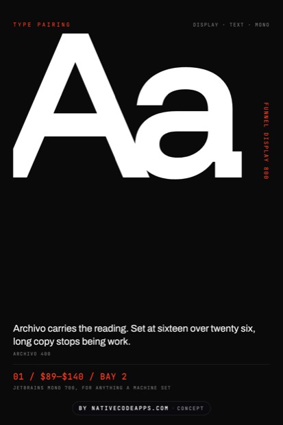 A black poster shows a huge white Aa with small orange and gray labels. Text names Funnel Display 800 for headlines, Archivo 400 for body at 16/26, and JetBrains Mono 700 for code.