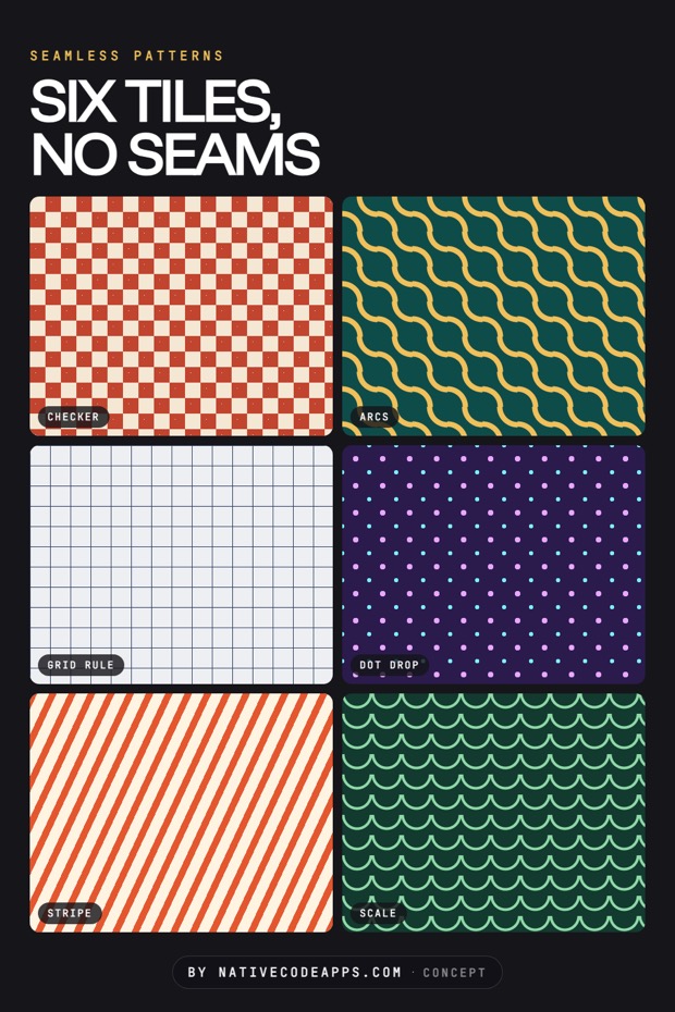 A poster shows six seamless pattern tiles labeled checker, arcs, grid rule, dot drop, stripe, and scale. Each tile sits in a rounded rectangle on a dark background.