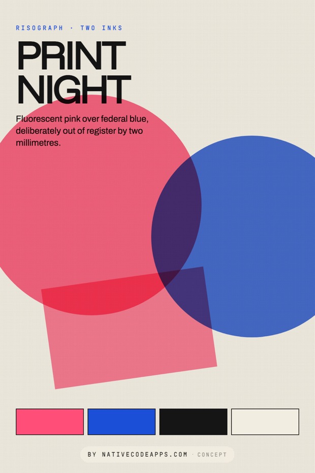 Poster design with overlapping pink and blue shapes and large black title text reading Print Night. Caption states fluorescent pink over federal blue, two millimeters out of register.