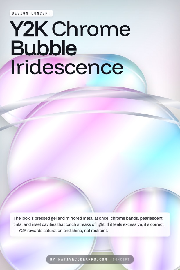 Large overlapping iridescent bubbles with chrome edges on a soft gray background. Bold title text reads ’Y2K Chrome Bubble Iridescence’ at the top left.